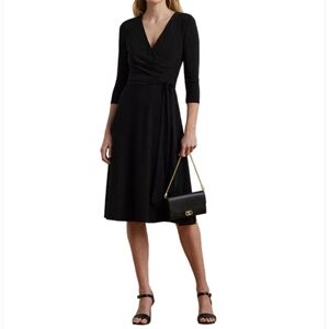 Ralph Lauren Black Surplice Jersey Dress Size 4 Faux Wrap Classic Minimalist New